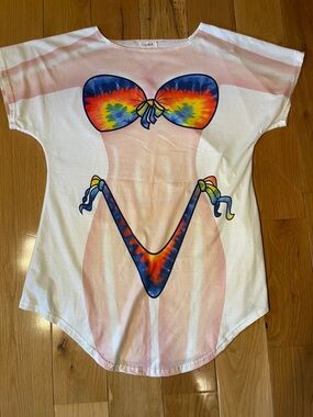 Novelty Bikini Print Tunic Tee - White with Tie-Dye Accents
